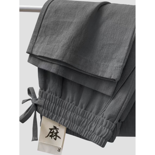 高端亚麻裤炭灰色棉子宽松