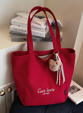 大容量红色帆布包包女2025新款韩系ins单肩托特包学生上课通勤包