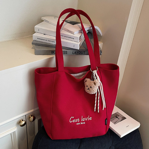 大容量红色帆布包韩系ins托特包