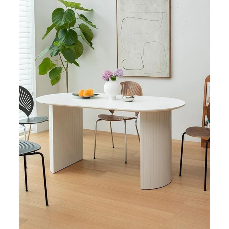 白色椭圆形办公桌纯实木弧形中岛餐桌一体北欧简约高端书桌设计师