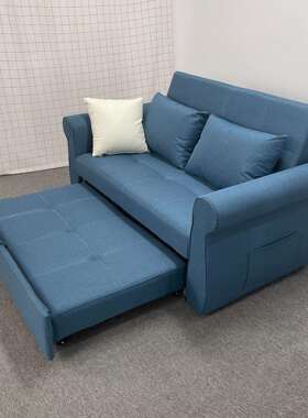 蓝色棉麻现代简约直排折叠沙发小户型客厅卧室功能坐卧两用沙发床