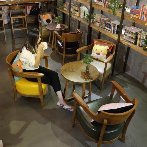 Bw1简约咖啡厅桌椅组合卡座奶茶店甜品店餐饮家具实木接待洽谈沙