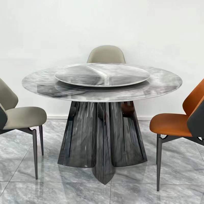 意式极简超晶石圆桌带转盘设计师款不锈钢底座现代简约小户型饭桌