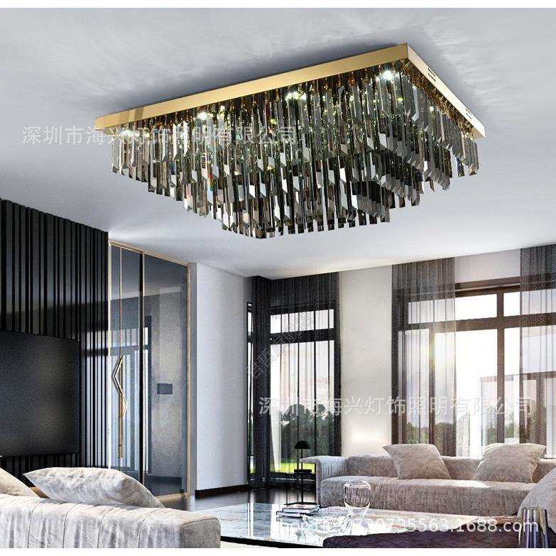 轻奢后现代水晶灯客厅灯长方形大气烟灰色金色吸顶灯卧室书房灯具
