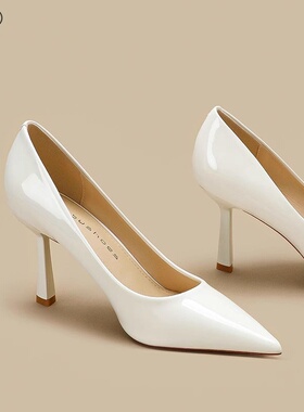 真皮白色高跟鞋女2025春秋季新款法式漆皮不累脚时尚浅口细跟单鞋
