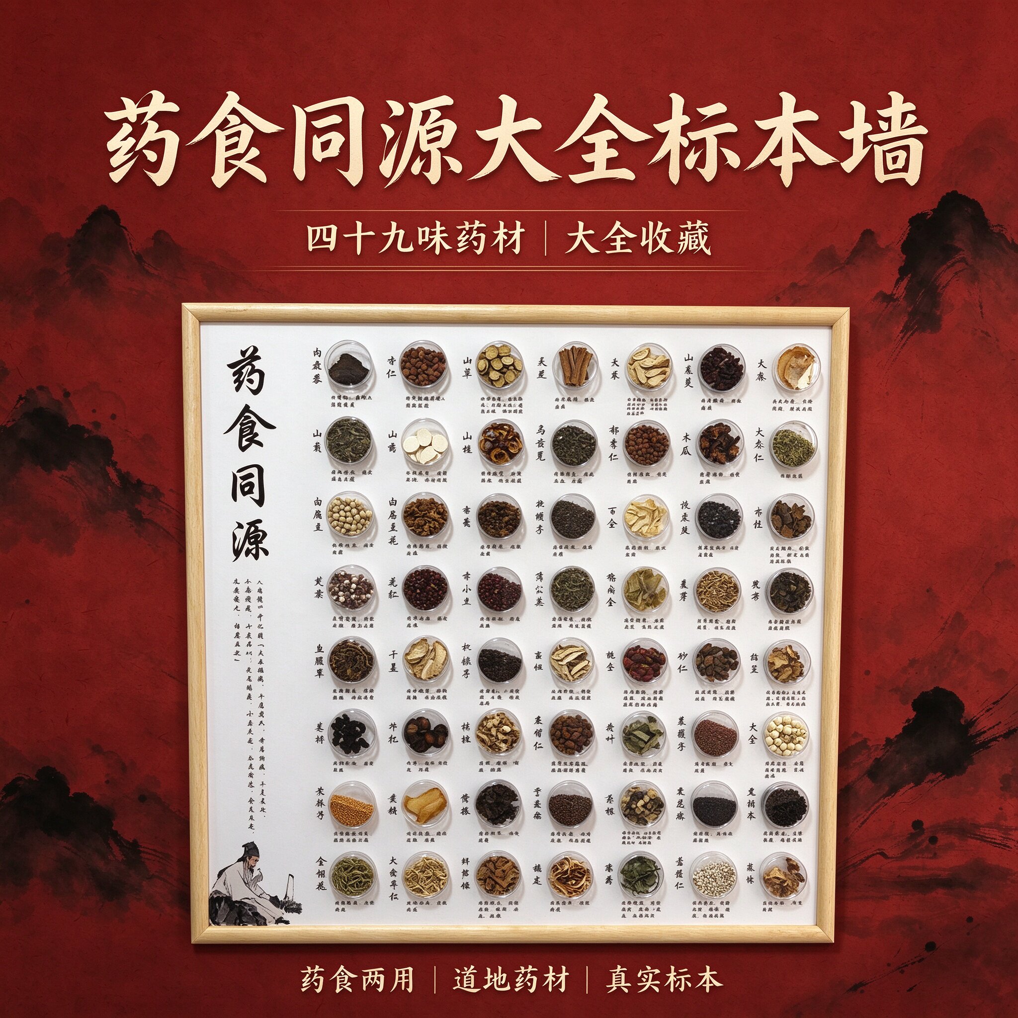 可触摸的药材墙药材展示框本草纲目美术作品展示框医学礼品中药墙