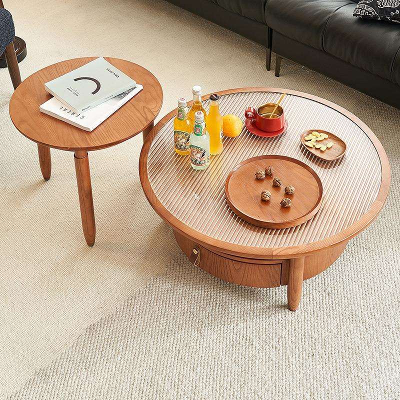 实木圆形茶几原木奶油风小户型茶桌客厅大小圆形玻璃面边几组合