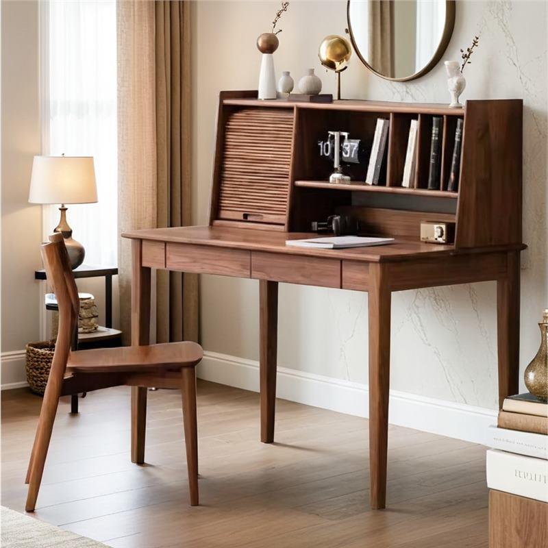 梳妆台学生组合书桌写字一体简约实木黑桌胡桃木原木书架多功能