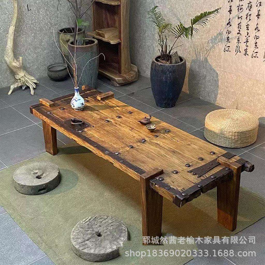 新中式老榆木茶桌自然纹理酒店民宿装饰办公桌椅长条桌老门板餐桌