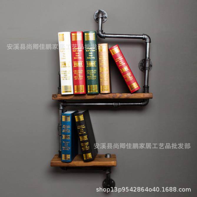 美式复古铁艺水管置物架工业风书架实木隔板墙上置物架层架