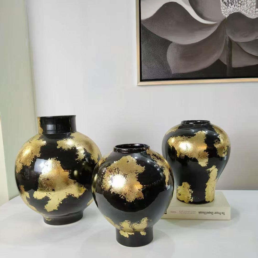 新中式陶瓷花瓶摆件客厅插花装饰品高级感贴金箔家居软装艺术花器
