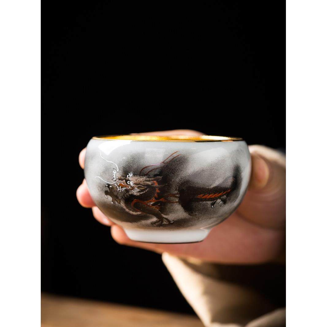 蔡志强景德镇高档纯手工手绘建盏主人杯龙凤杯金叶盏高端金盏茶杯