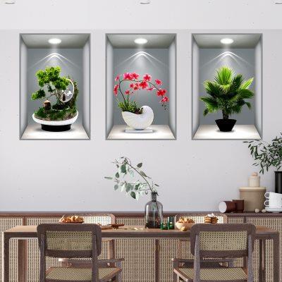 轻奢3D效果盆栽贴画过道楼梯自粘装饰画宾馆餐厅墙面植物花卉壁画图片