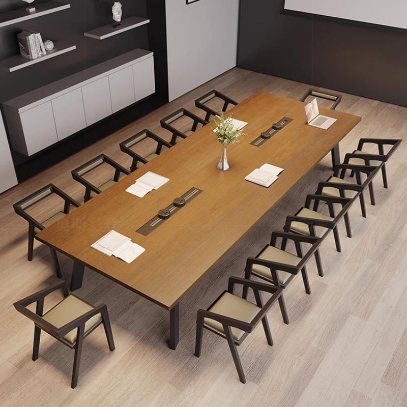 工业风实木会议桌轻奢高级感长条桌大型会议室办公桌带插座嵌入式