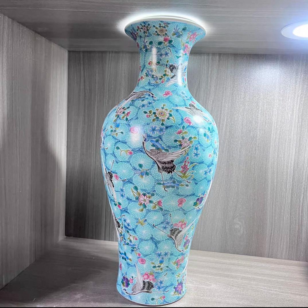 景德镇陶瓷花瓶蓝底仙鹤仿古珐琅彩家居客厅插花装饰品瓷器