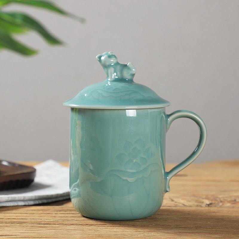 龙泉青瓷茶杯家用陶瓷杯子古典办公杯大号400ml泡茶杯带盖天青釉