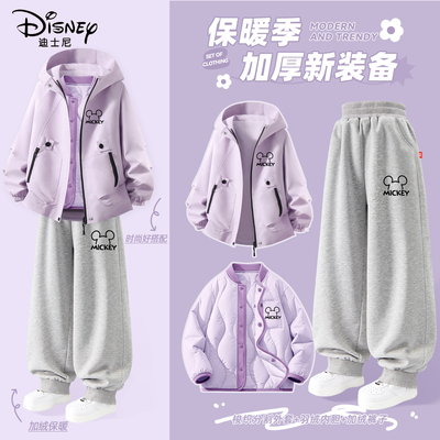 迪士尼女童加绒套装中大童洋气穿搭2025新款加厚保暖儿童冬装女孩