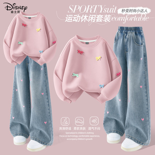 迪士尼女童春装套装时髦春秋牛仔裤2026新款童装洋气卫衣儿童衣服