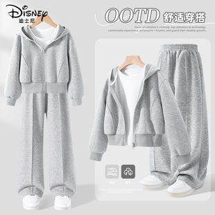 迪士尼女童春装套装2025新款女孩洋气灰色童装衣服儿童春装运动服