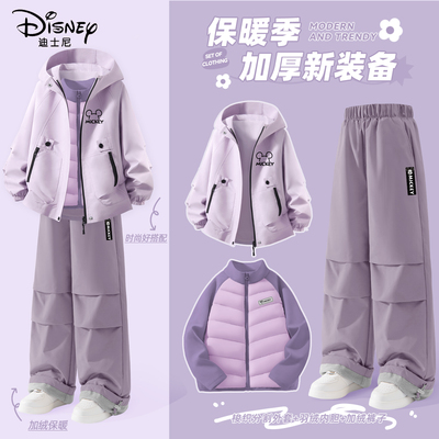 迪士尼女童加绒套装好看韩系洋气穿搭三件套2025新款儿童冬装衣服