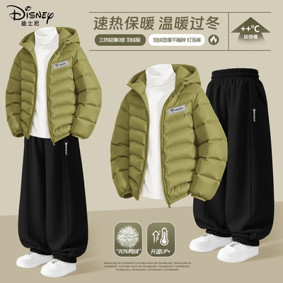 迪士尼男童加绒套装加厚2025新款男孩绿色保暖羽绒服冬装儿童裤子