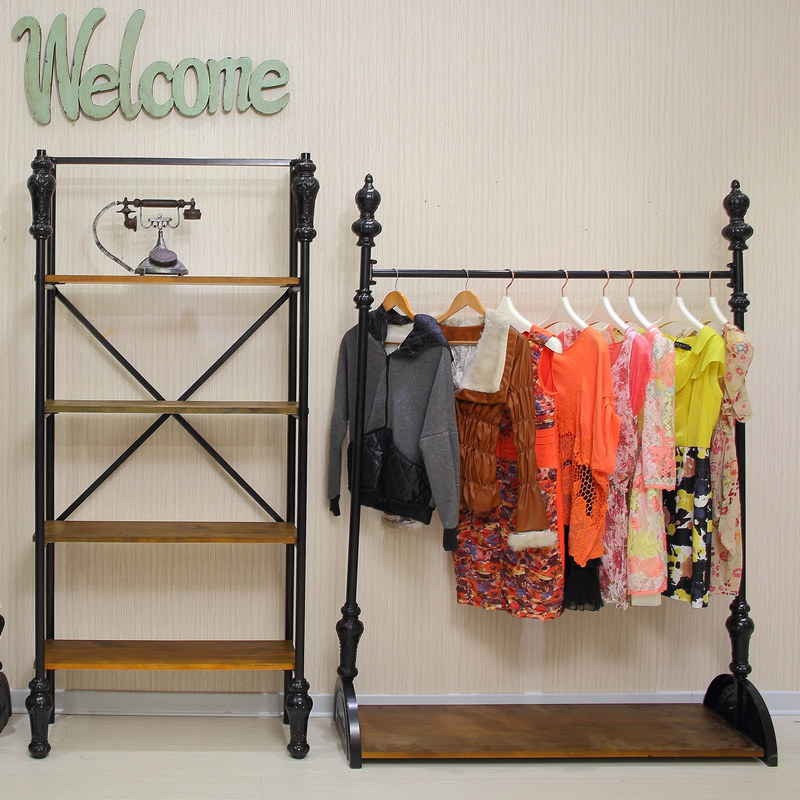 复古实木铁艺服装展示架落地靠墙侧挂衣架鞋包货架置物架中岛货架