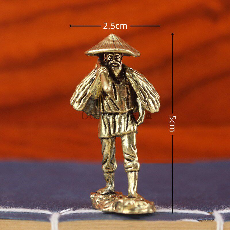 纯黄铜蓑衣老人斗笠锄头复古怀旧小摆件6070年代耕耘农村农民模型
