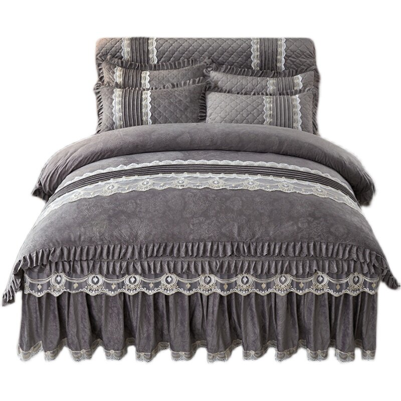 冬季水晶绒床裙四件套被罩双面欧式蕾丝床单被套加厚夹棉床罩加棉
