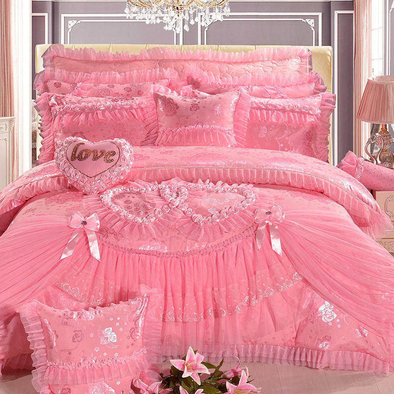 婚庆蕾丝贡缎大红粉色六八多件套结婚加厚四件套1.8m2.0床裙用品