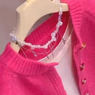 玫红色短款毛衣开衫外套女秋冬2024休闲洋气百搭单排扣针织衫上衣