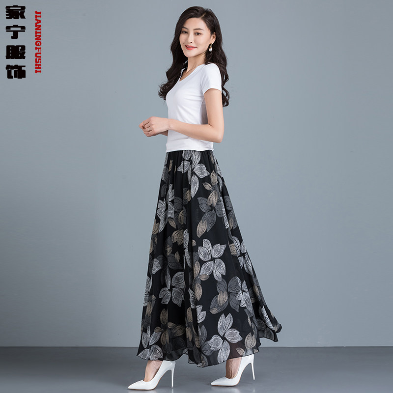 2021夏雪纺半身裙a字碎花显瘦长款大摆长裙大码休闲跳舞长裙子女