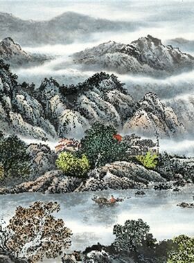 高清晰精美大幅国画中式风景山水靠山图客厅中式背景墙壁装饰贴画