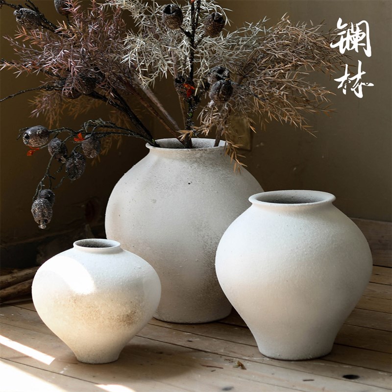 复古陶瓷花瓶中式白色侘寂风装饰陶罐客厅水培插干花粗陶花器摆件