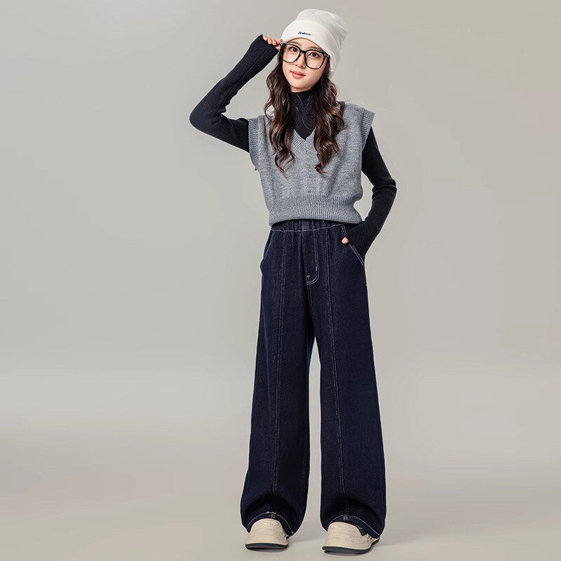 女童牛仔裤秋冬季新款加绒裤子中大童洋气直筒裤儿童装加厚阔腿裤