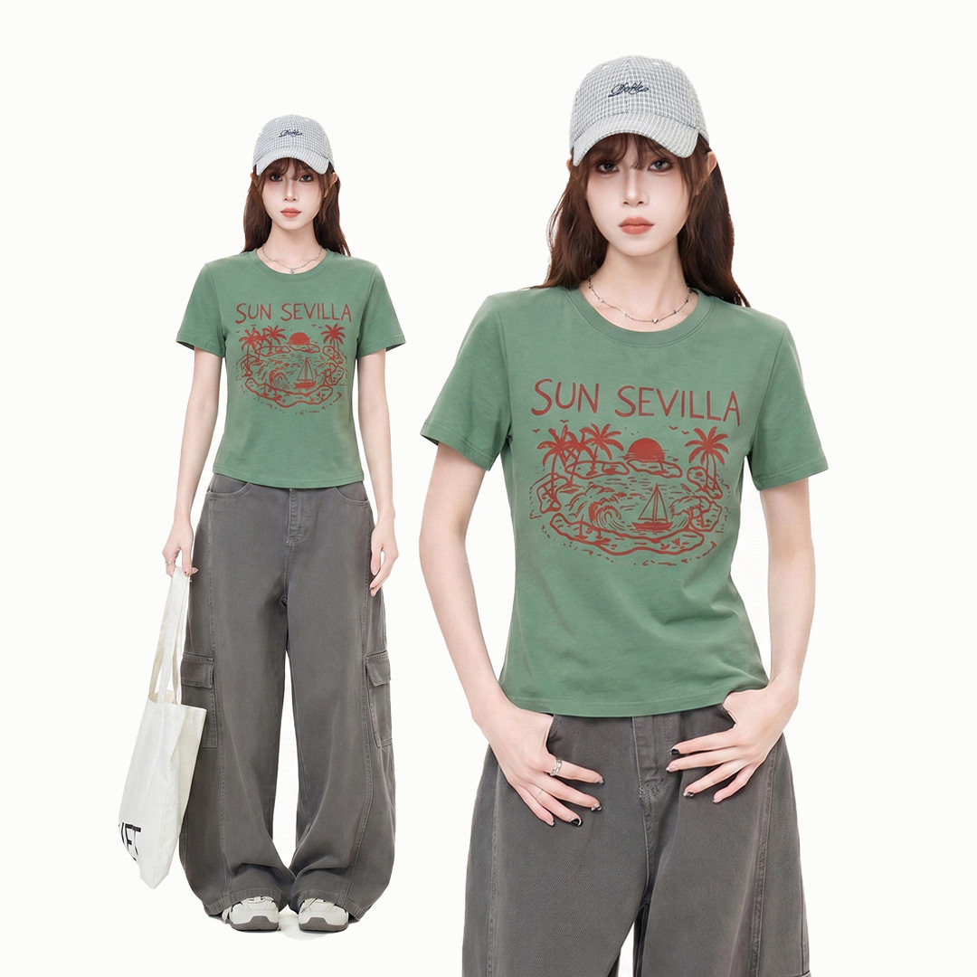 美式复古绿色字母印花圆领短袖T恤女2026夏季高级感宽松显瘦上衣