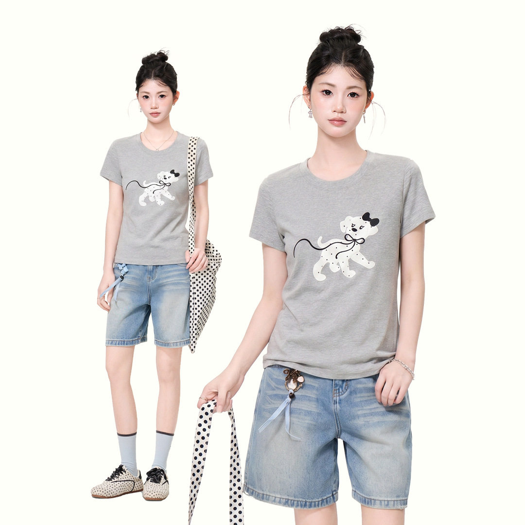 高级感波点小狗刺绣正肩短袖t恤女2026夏季修身显瘦圆领套头上衣
