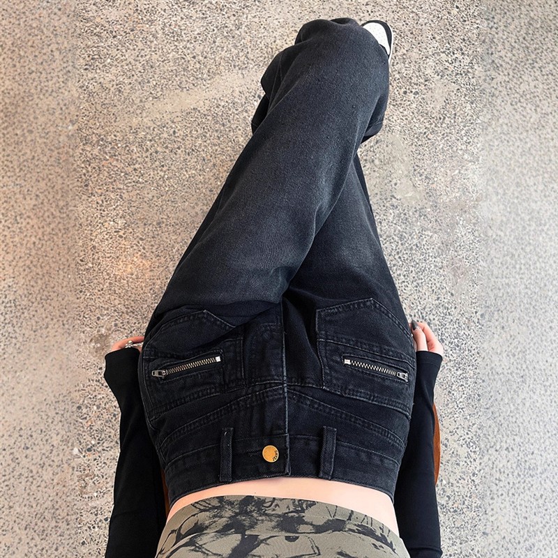 黑色拉链阔腿牛仔裤女春秋高腰秋装窄版设计感复古港风拖地长裤子