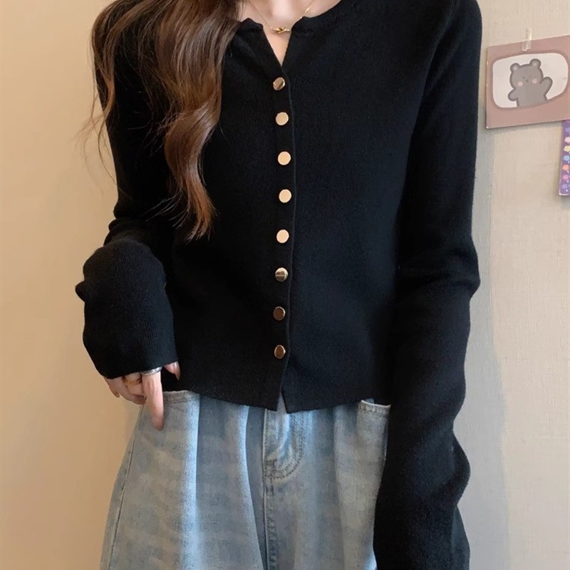 春秋冬薄款黑色长袖针织开衫上衣小个子修身短款外搭毛衣外套女士