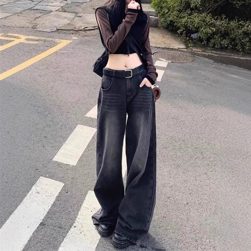 美式黑灰色加绒阔腿牛仔裤女秋冬大码胖mm复古高腰宽松拖地直筒裤