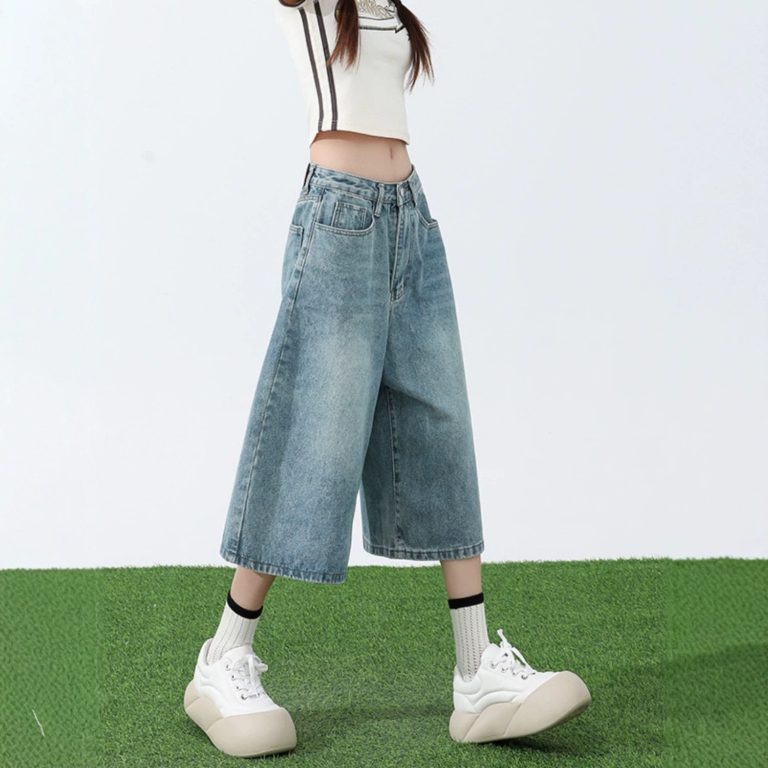 美式做旧浅色七分阔腿牛仔裤女2026夏季薄款宽松大码胖mm显瘦短裤