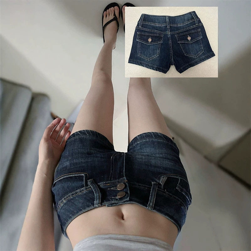 深蓝色双扣子牛仔短裤女2026新款辣妹防走光显瘦包臀裤小个子高腰