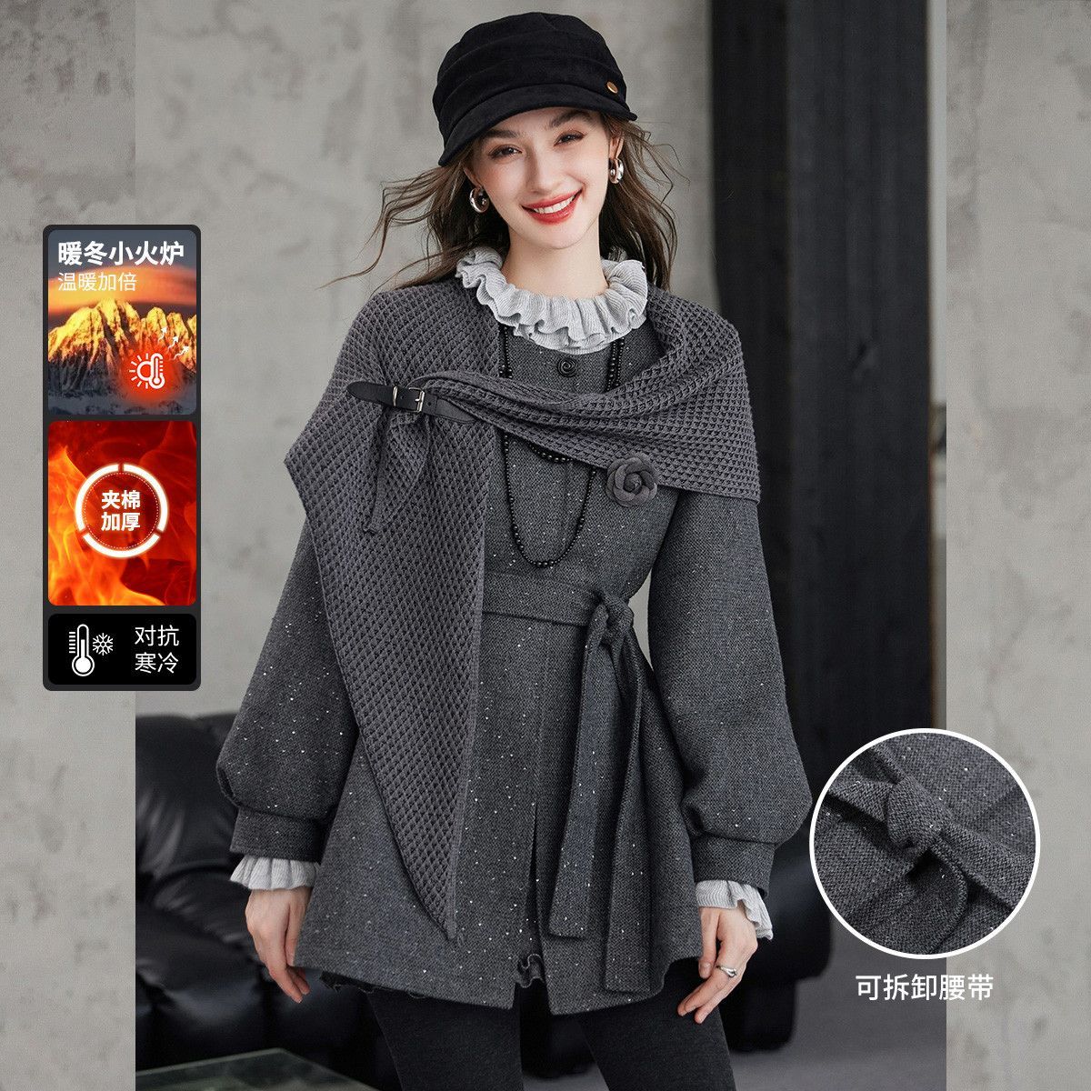 白鹿语加棉加厚系带收腰棉服大衣2025秋冬新款千金风宽松棉衣外套