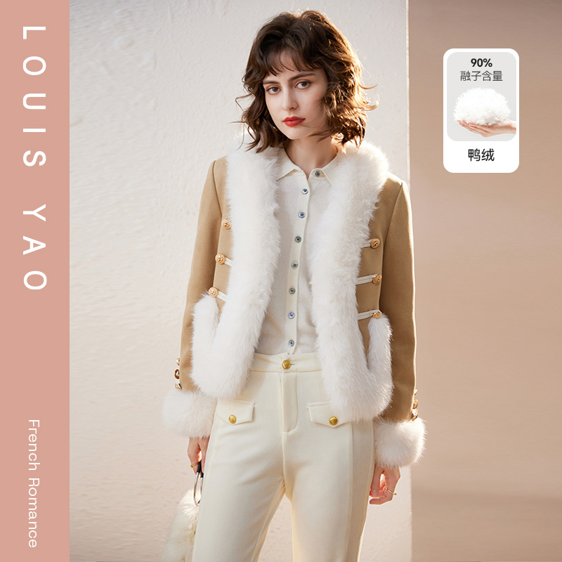 白鹿语优雅连门襟拼接毛毛羽绒服