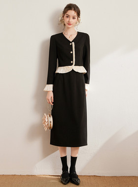 白鹿语小香气质黑色两件套26春款V领拼色花边短外套半身裙女套装