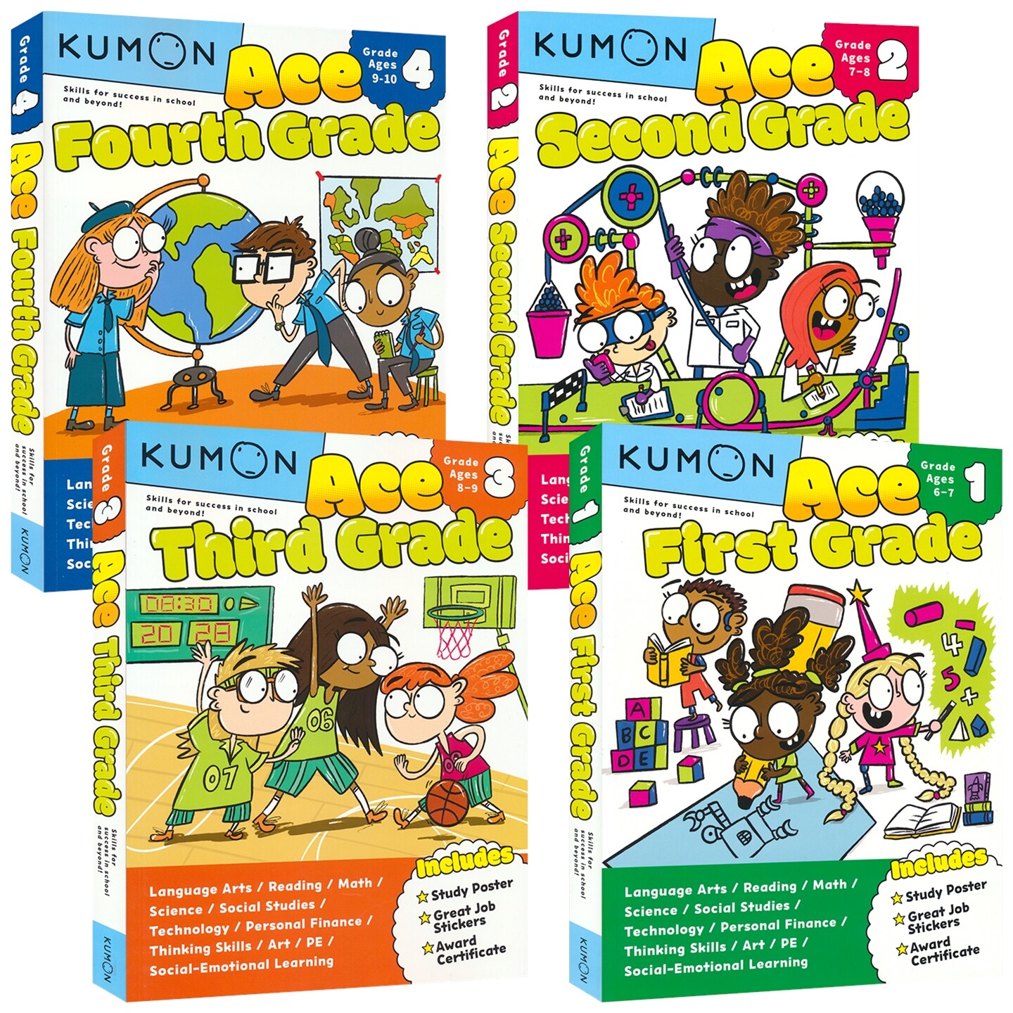 Kumon Ace First Grade Second Grade 公文式教育 1-4年级 全能练习册 英语语言 阅读 数学 科学 小学课外提升教辅 英文原版进口