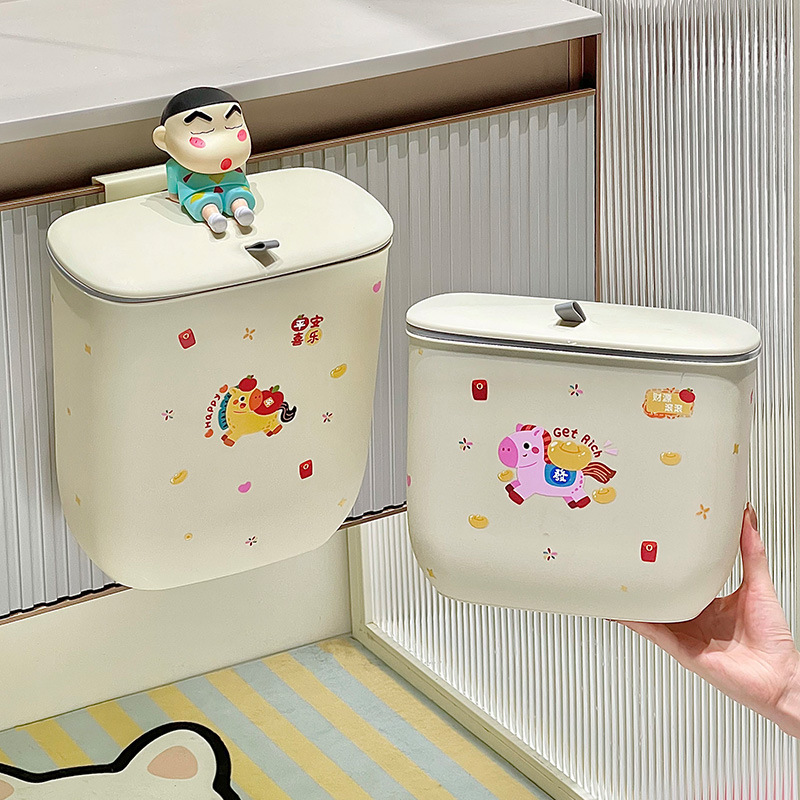 卡通小马垃圾桶厨房家用免弯腰新款带盖壁挂式卫生间大容量收纳桶