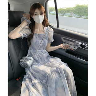 桔梗长裙2025夏季 温柔风茶歇法式 气质仙女超仙收腰方领碎花连衣裙