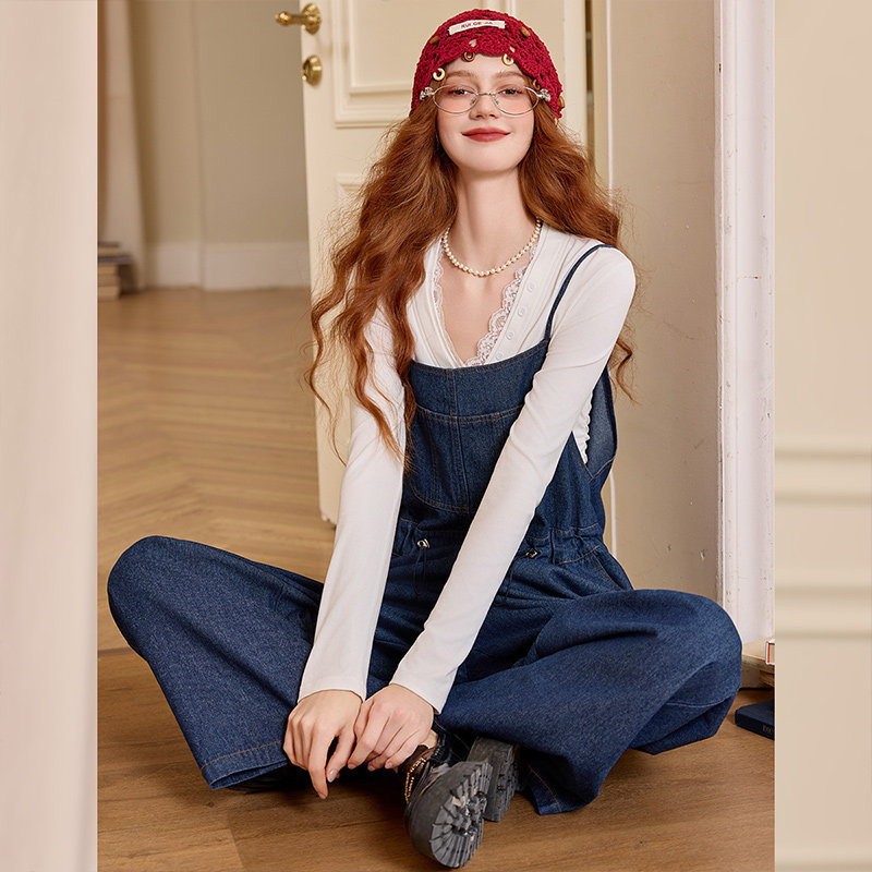 白鹿语慵懒风复古牛仔背带裤25秋新款休闲百搭减龄洋气收腰连体裤