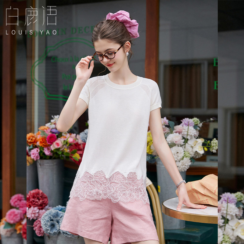 白鹿语蕾丝拼接短袖针织衫女26夏季新款圆领显瘦上衣休闲百搭T恤