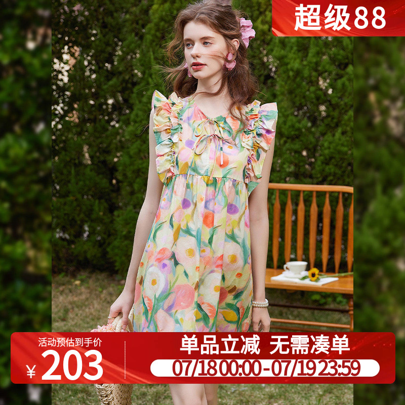 白鹿语度假风荷叶边印花短裙2025夏新款洋气甜美系带减龄女连衣裙